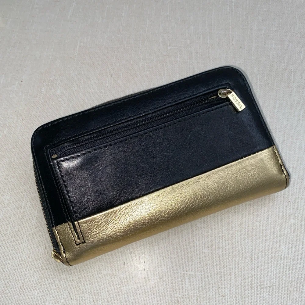 FOSSIL Gold‎ Black Leather Organizer Zip Wallet